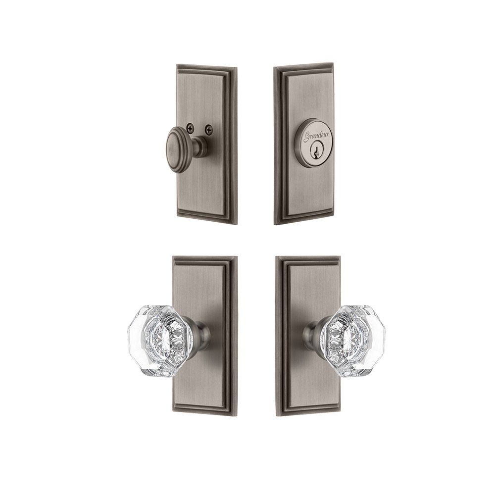 Grandeur Handleset - Carre Plate With Chambord Crystal Knob & Matching Deadbolt In Antique Pewter