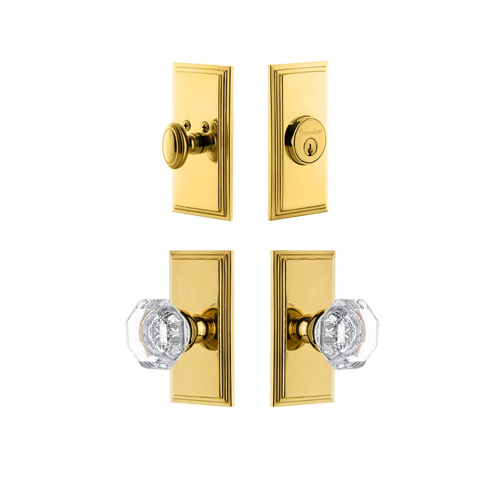 Grandeur Handleset - Carre Plate With Chambord Crystal Knob & Matching Deadbolt In Lifetime Brass