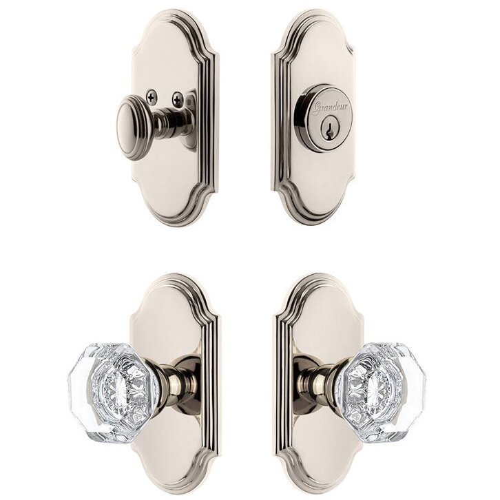 Grandeur Handleset - Arc Plate With Chambord Crystal Knob & Matching Deadbolt In Polished Nickel