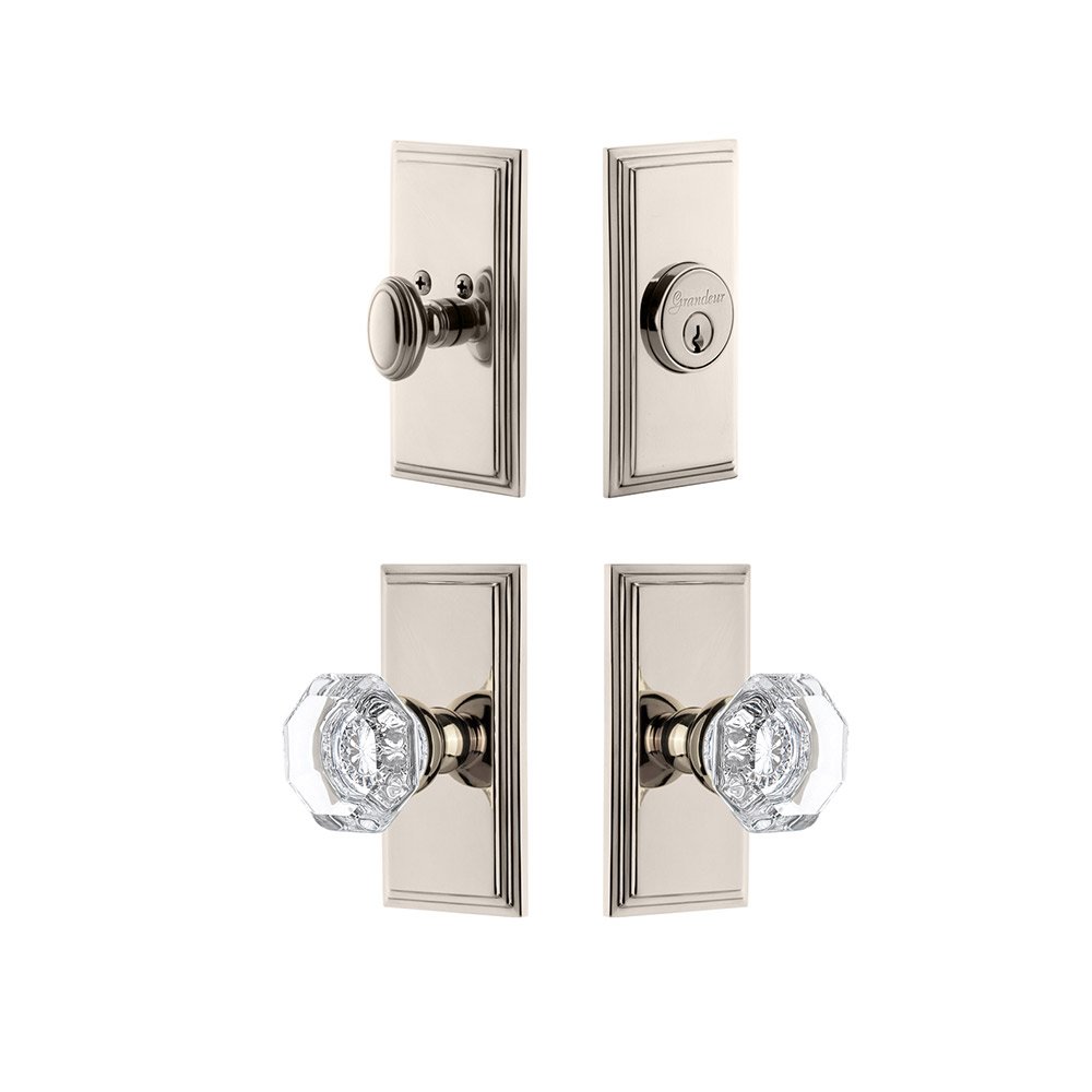 Grandeur Handleset - Carre Plate With Chambord Crystal Knob & Matching Deadbolt In Polished Nickel