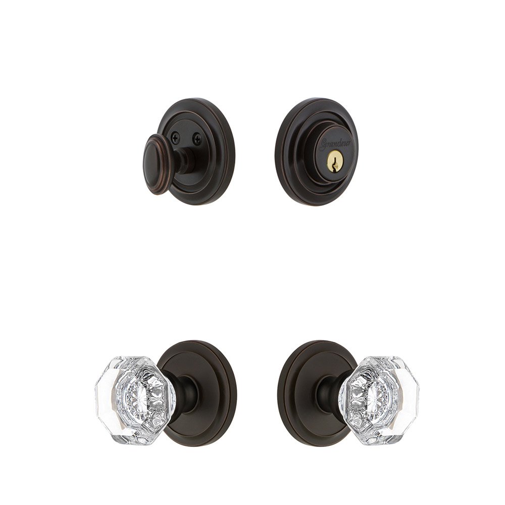 Grandeur Handleset - Circulaire Rosette With Chambord Crystal Knob & Matching Deadbolt In Timeless Bronze