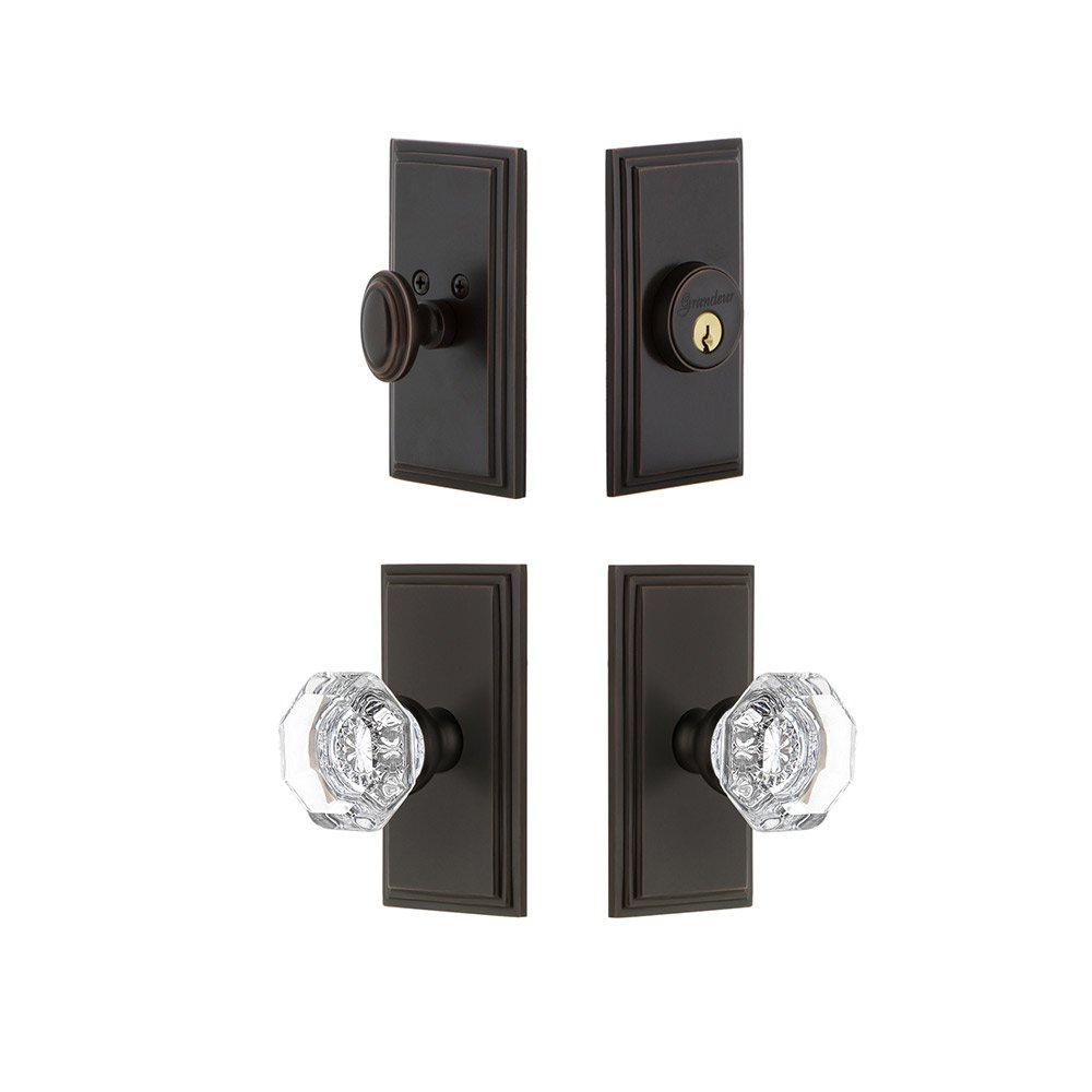 Grandeur Handleset - Carre Plate With Chambord Crystal Knob & Matching Deadbolt In Timeless Bronze