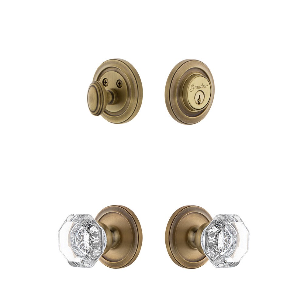 Grandeur Handleset - Circulaire Rosette With Chambord Crystal Knob & Matching Deadbolt In Vintage Brass