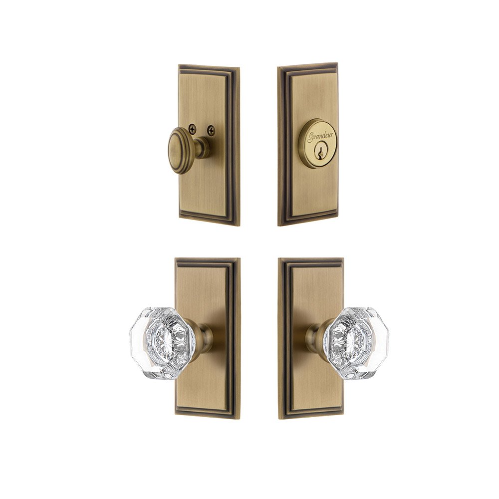 Grandeur Handleset - Carre Plate With Chambord Crystal Knob & Matching Deadbolt In Vintage Brass