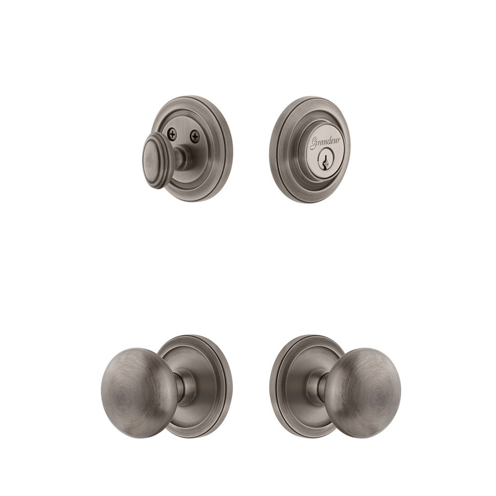 Grandeur Handleset - Circulaire Rosette With Fifth Avenue Knob & Matching Deadbolt In Antique Pewter