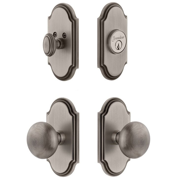 Grandeur Handleset - Arc Plate With Fifth Avenue Knob & Matching Deadbolt In Antique Pewter