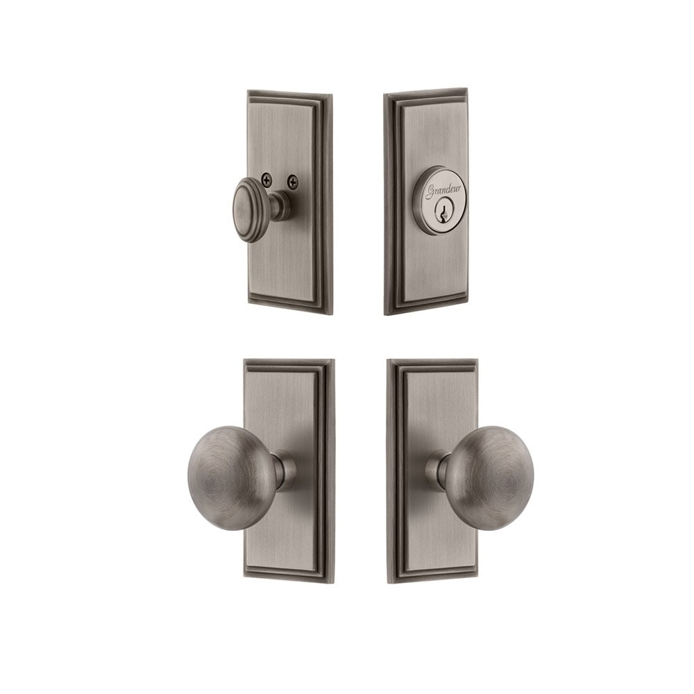 Grandeur Handleset - Carre Plate With Fifth Avenue Knob & Matching Deadbolt In Antique Pewter