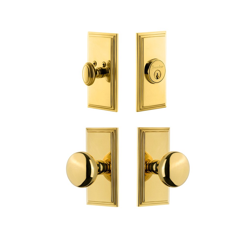 Grandeur Handleset - Carre Plate With Fifth Avenue Knob & Matching Deadbolt In Lifetime Brass