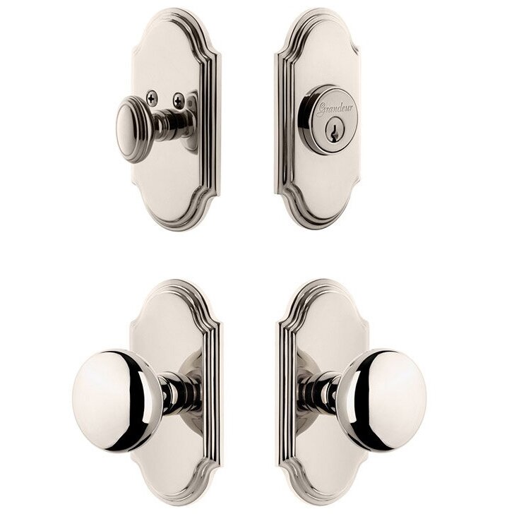 Grandeur Handleset - Arc Plate With Fifth Avenue Knob & Matching Deadbolt In Polished Nickel