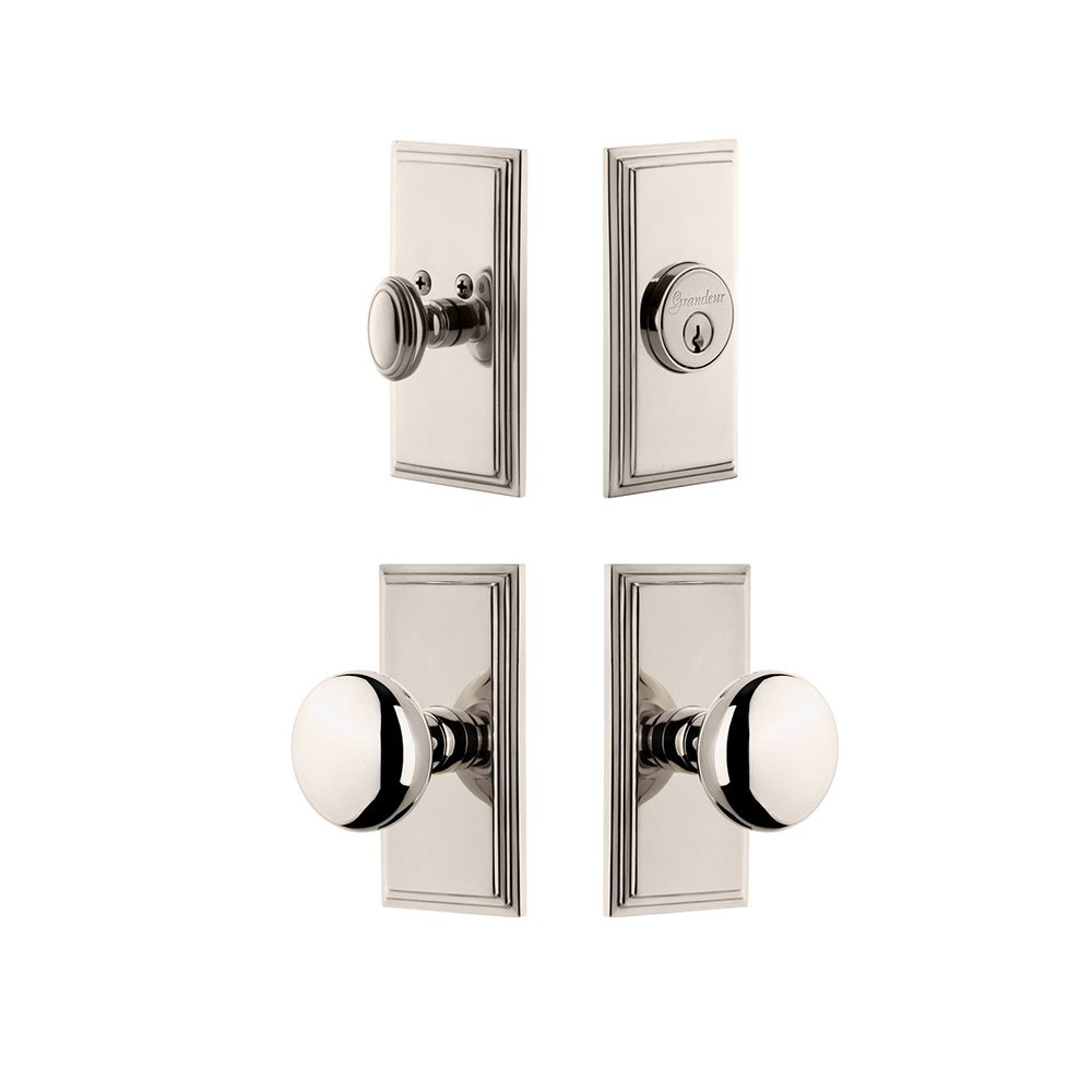 Grandeur Handleset - Carre Plate With Fifth Avenue Knob & Matching Deadbolt In Polished Nickel