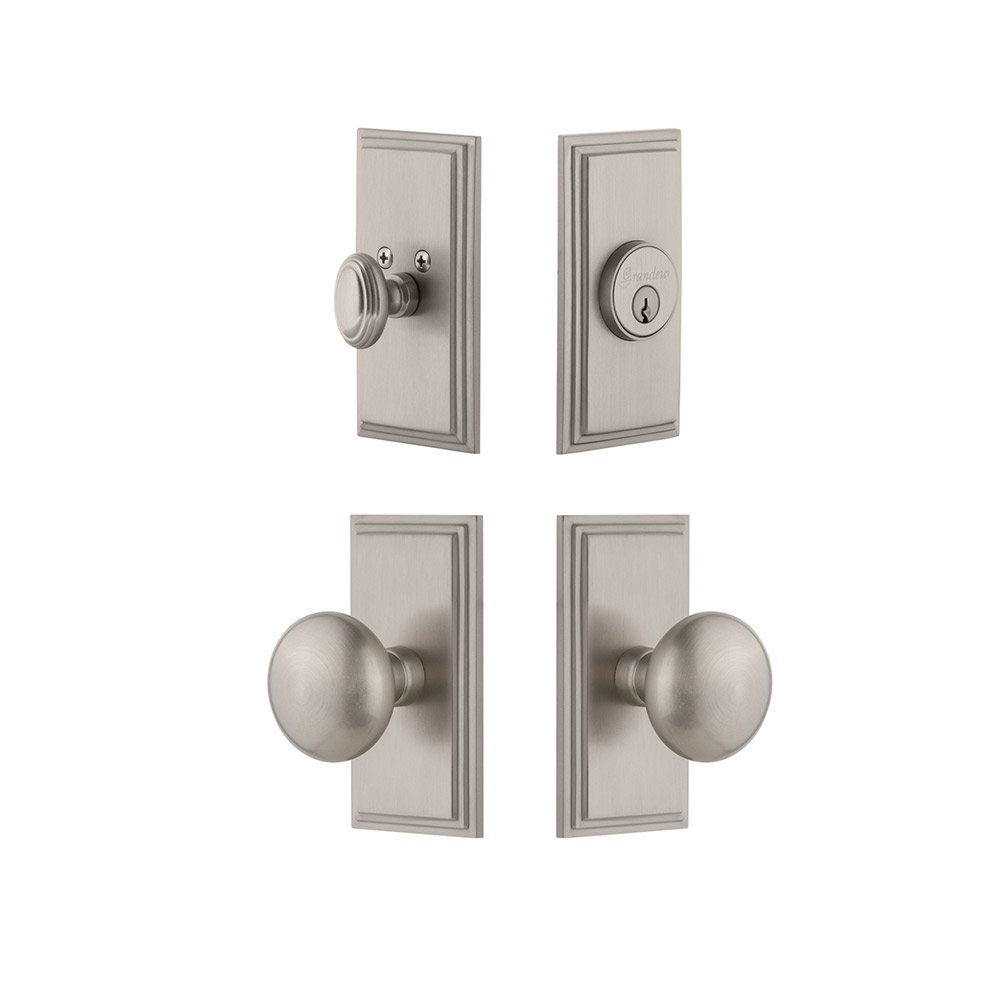 Grandeur Handleset - Carre Plate With Fifth Avenue Knob & Matching Deadbolt In Satin Nickel