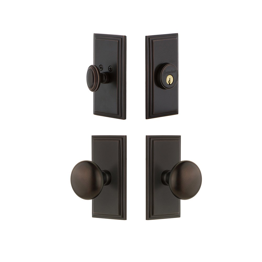 Grandeur Handleset - Carre Plate With Fifth Avenue Knob & Matching Deadbolt In Timeless Bronze