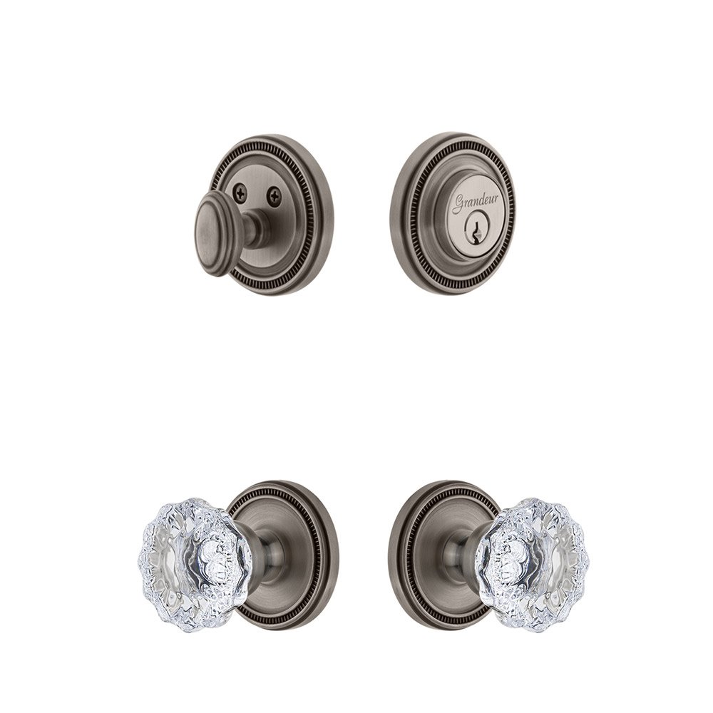 Grandeur Soleil Rosette With Fontainebleau Crystal Knob & Matching Deadbolt In Antique Pewter