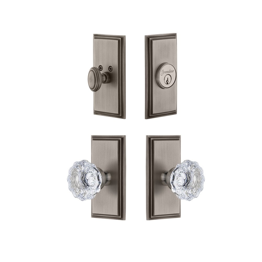 Grandeur Handleset - Carre Plate With Fontainebleau Crystal Knob & Matching Deadbolt In Antique Pewter
