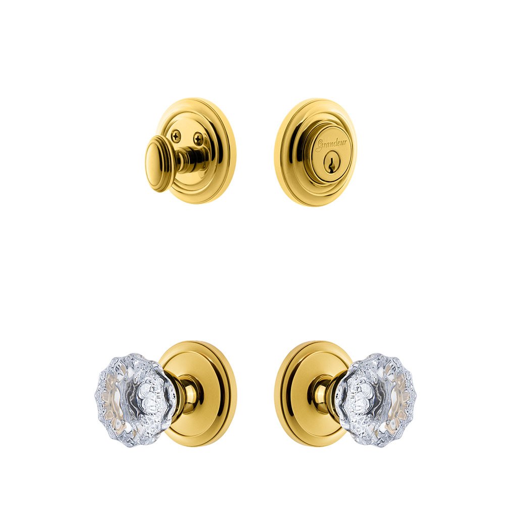 Grandeur Handleset - Circulaire Rosette With Fontainebleau Crystal Knob & Matching Deadbolt In Lifetime Brass