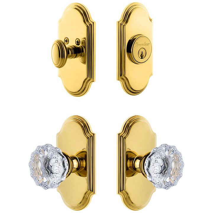 Grandeur Handleset - Arc Plate With Fontainebleau Crystal Knob & Matching Deadbolt In Lifetime Brass