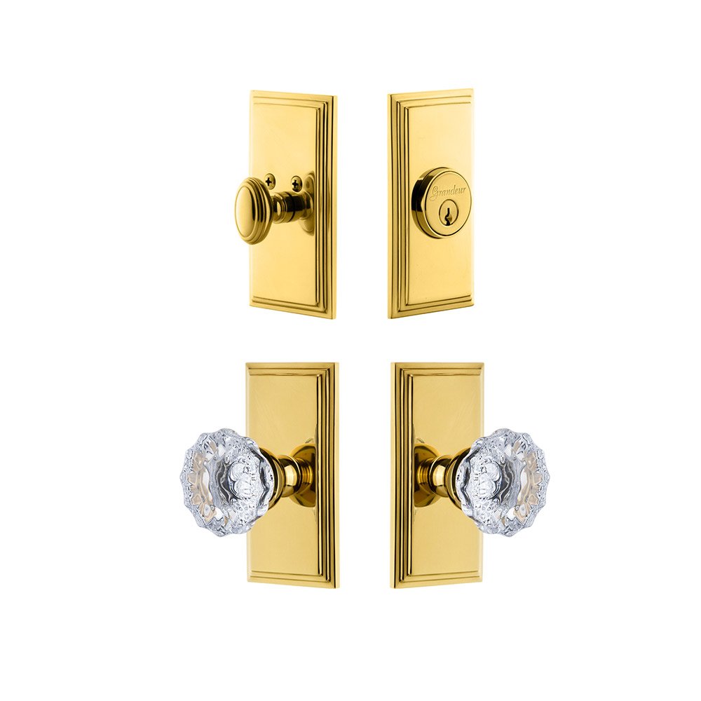 Grandeur Handleset - Carre Plate With Fontainebleau Crystal Knob & Matching Deadbolt In Lifetime Brass