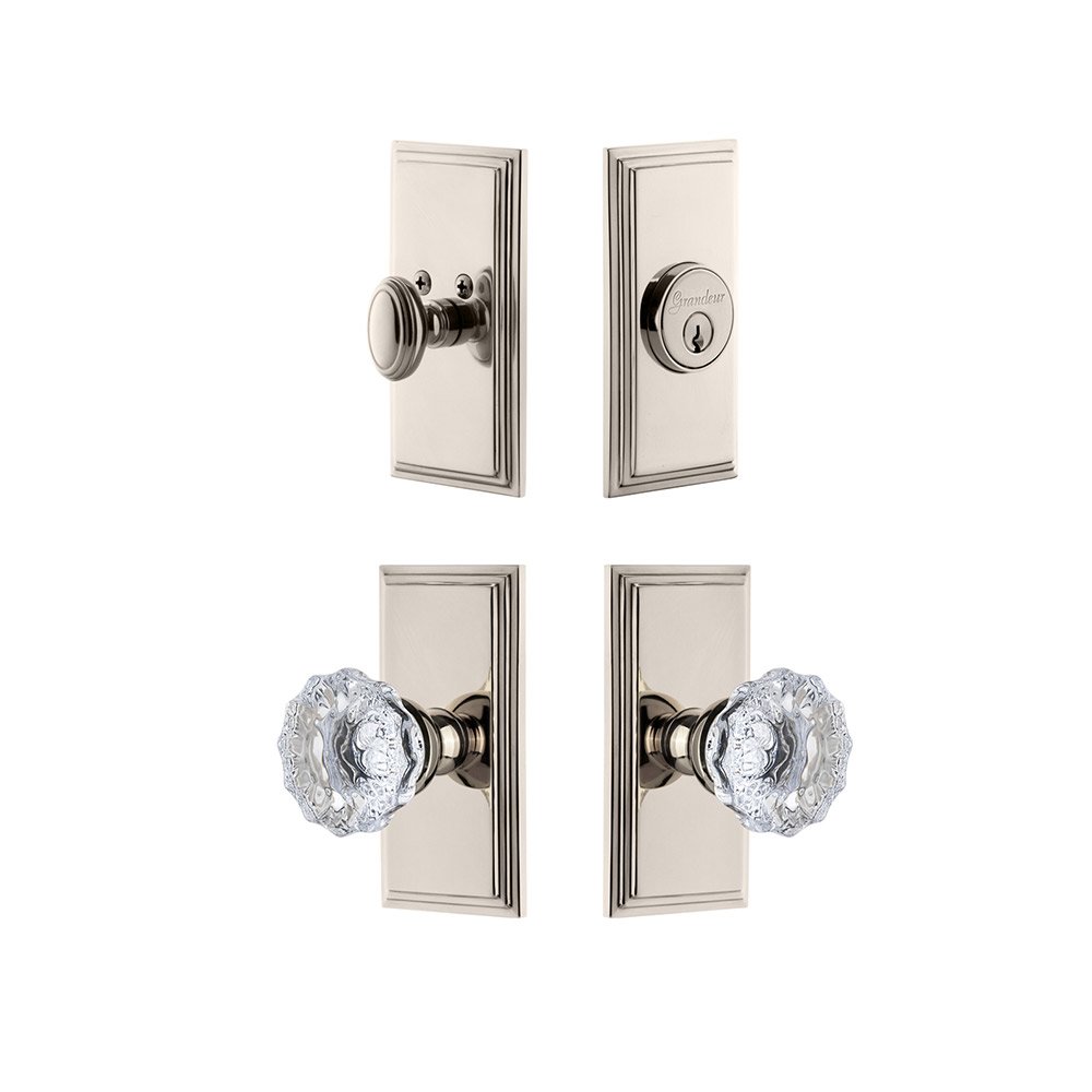 Grandeur Handleset - Carre Plate With Fontainebleau Crystal Knob & Matching Deadbolt In Polished Nickel