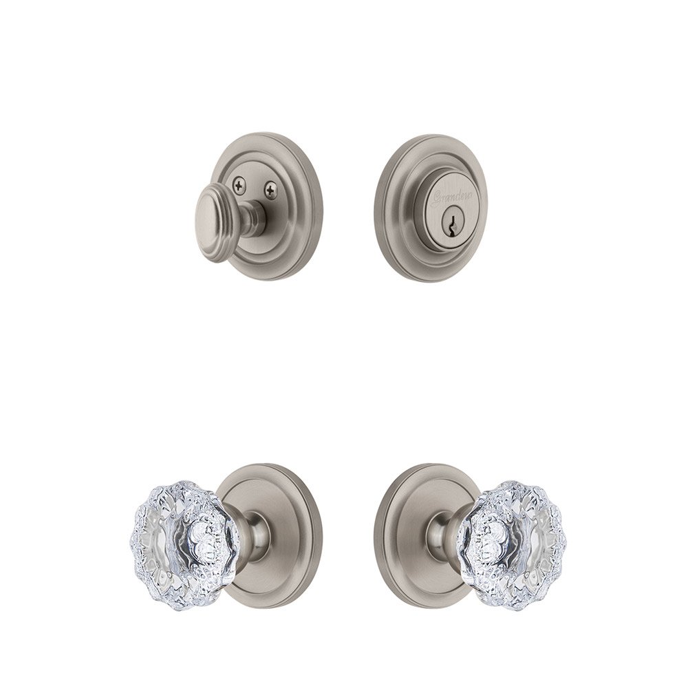 Grandeur Handleset - Circulaire Rosette With Fontainebleau Crystal Knob & Matching Deadbolt In Satin Nickel