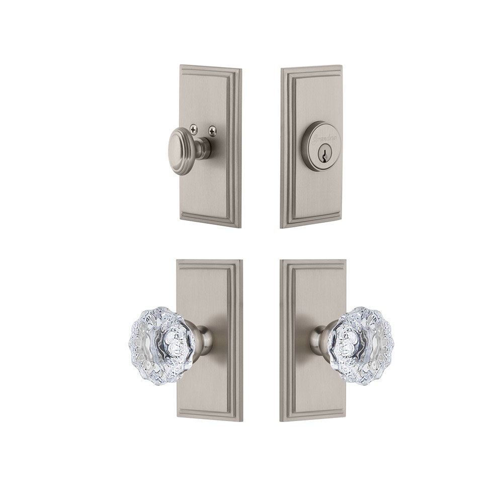 Grandeur Handleset - Carre Plate With Fontainebleau Crystal Knob & Matching Deadbolt In Satin Nickel