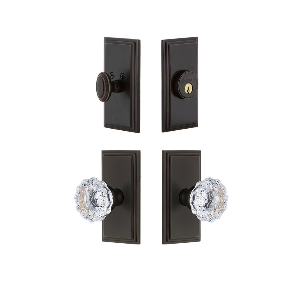 Grandeur Handleset - Carre Plate With Fontainebleau Crystal Knob & Matching Deadbolt In Timeless Bronze