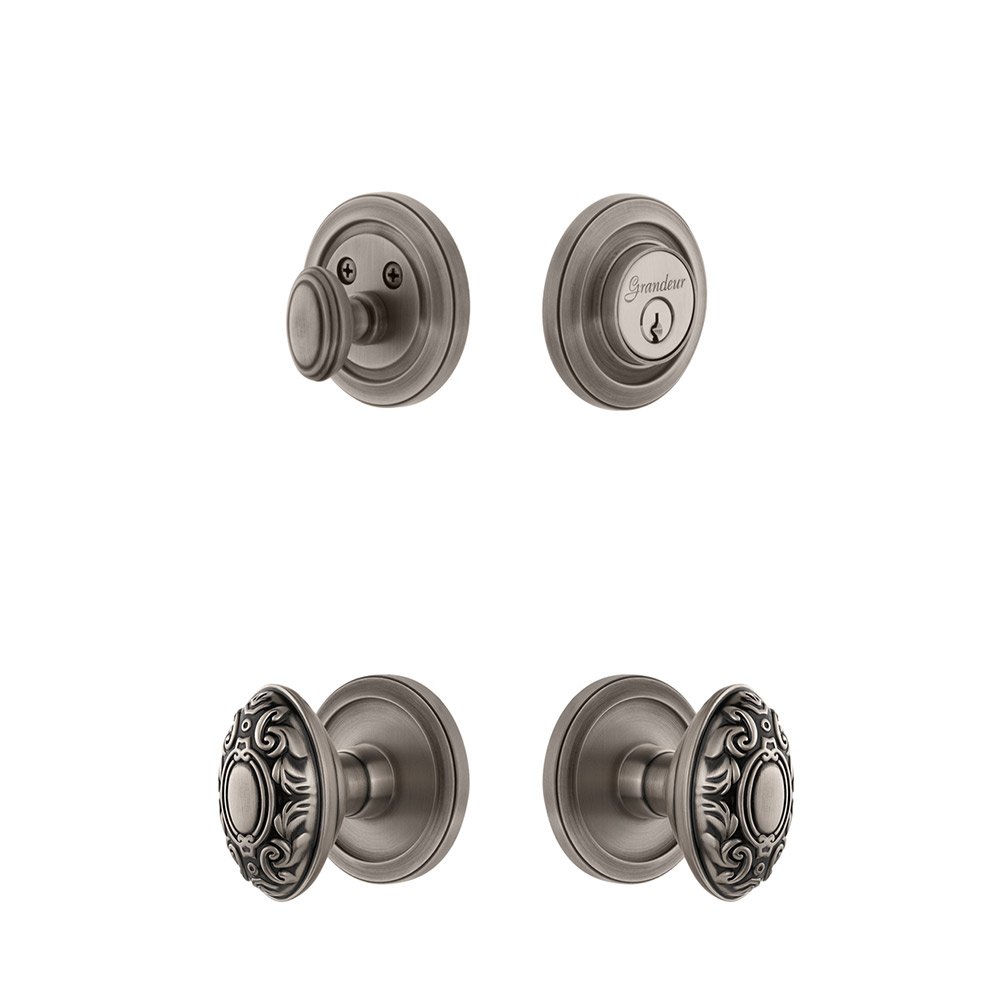 Grandeur Circulaire Rosette With Grande Victorian Knob & Matching Deadbolt In Antique Pewter