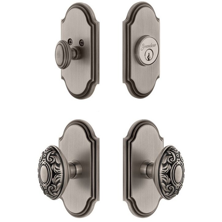 Grandeur Arc Plate With Grande Victorian Knob & Matching Deadbolt In Antique Pewter