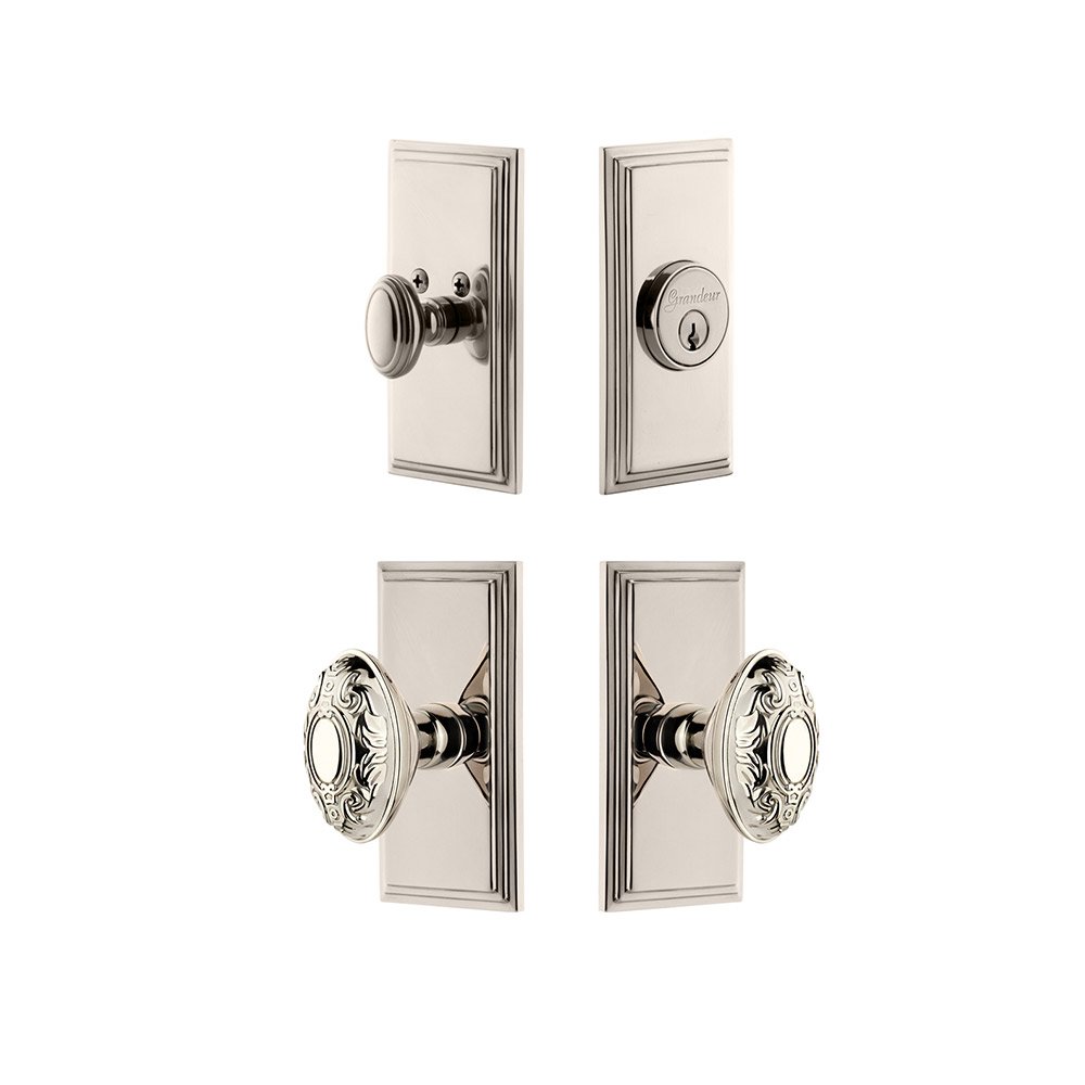 Grandeur Carre Plate With Grande Victorian Knob & Matching Deadbolt In Polished Nickel