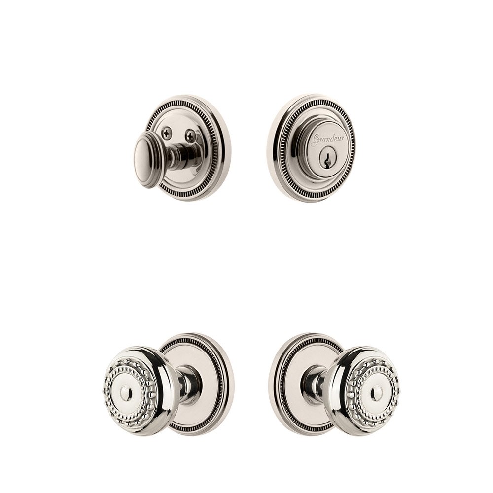 Grandeur Soleil Rosette With Parthenon Knob & Matching Deadbolt In Polished Nickel