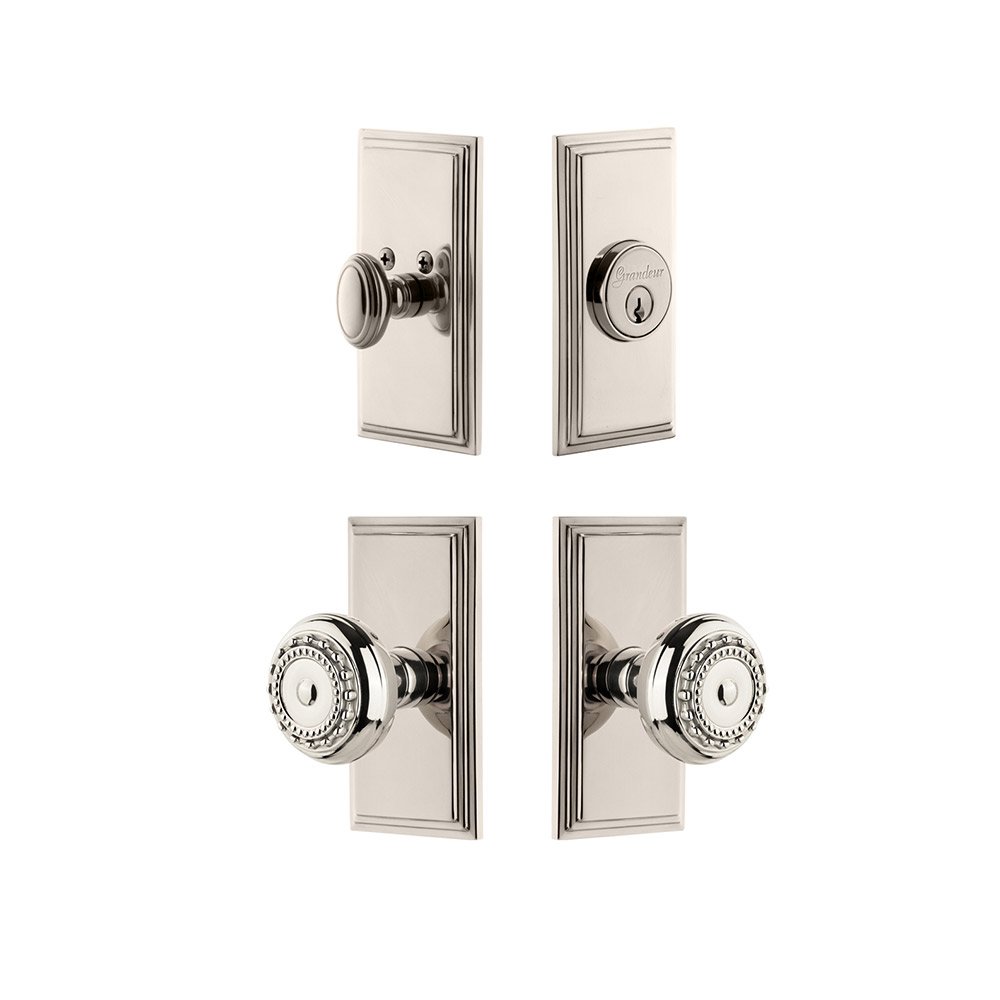Grandeur Handleset - Carre Plate With Parthenon Knob & Matching Deadbolt In Polished Nickel