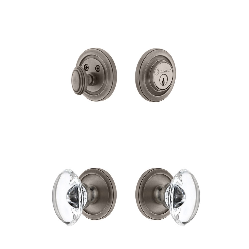 Grandeur Handleset - Circulaire Rosette With Provence Crystal Knob & Matching Deadbolt In Antique Pewter