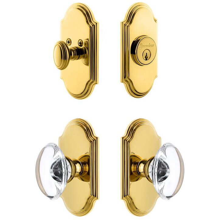 Grandeur Handleset - Arc Plate With Provence Crystal Knob & Matching Deadbolt In Lifetime Brass