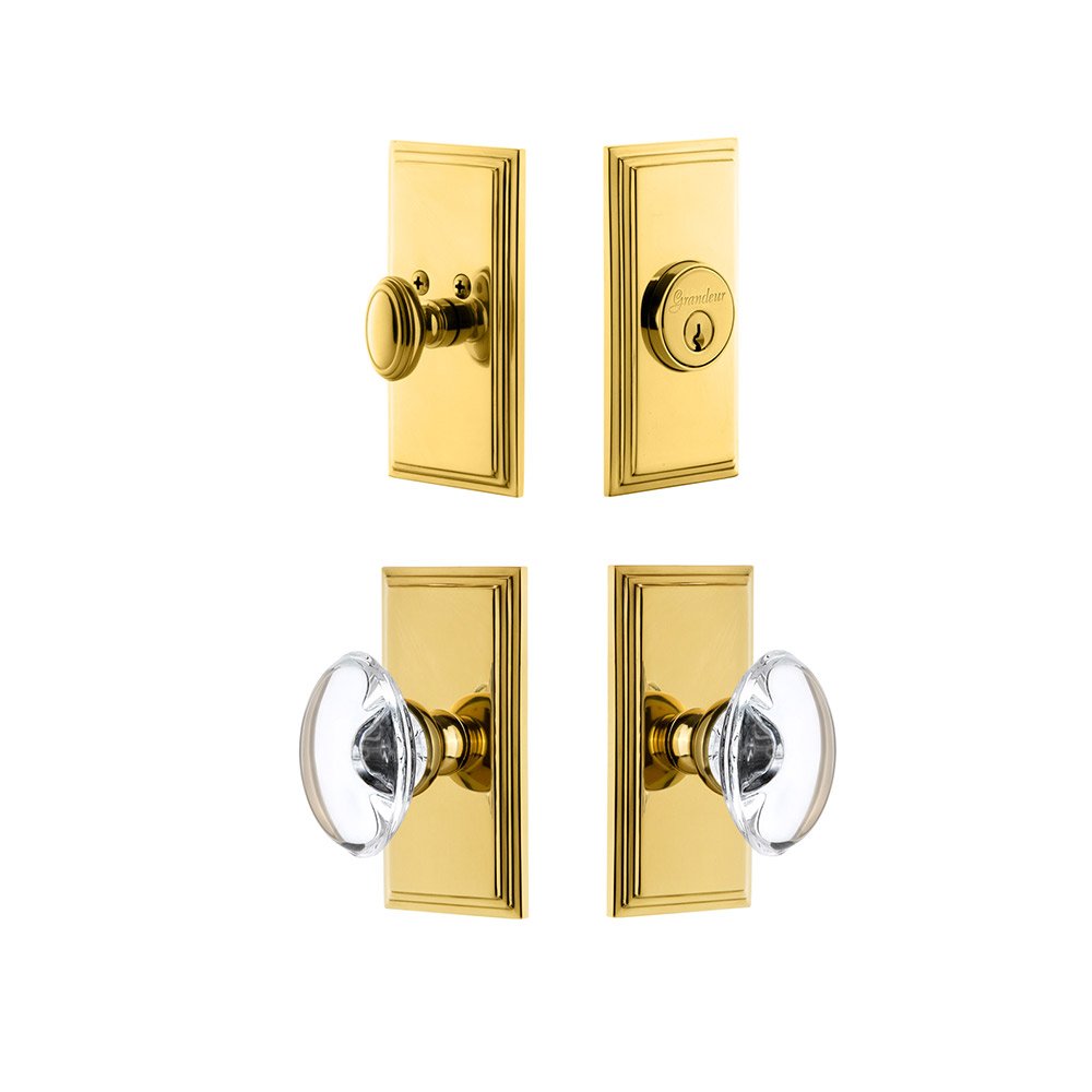 Grandeur Handleset - Carre Plate With Provence Crystal Knob & Matching Deadbolt In Lifetime Brass