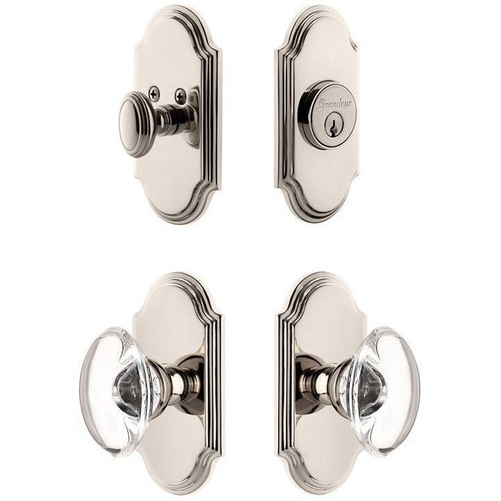 Grandeur Handleset - Arc Plate With Provence Crystal Knob & Matching Deadbolt In Polished Nickel