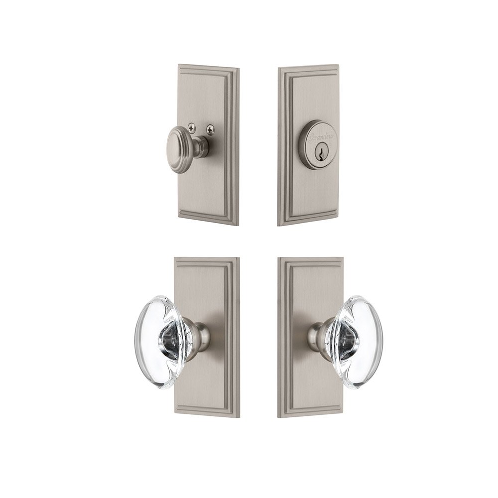 Grandeur Handleset - Carre Plate With Provence Crystal Knob & Matching Deadbolt In Satin Nickel