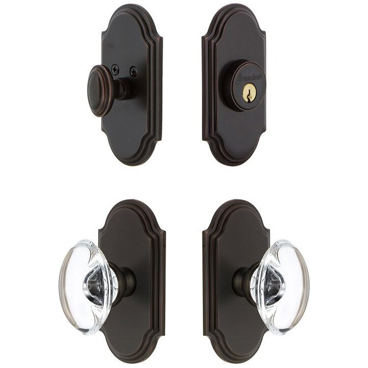 Grandeur Handleset - Arc Plate With Provence Crystal Knob & Matching Deadbolt In Timeless Bronze