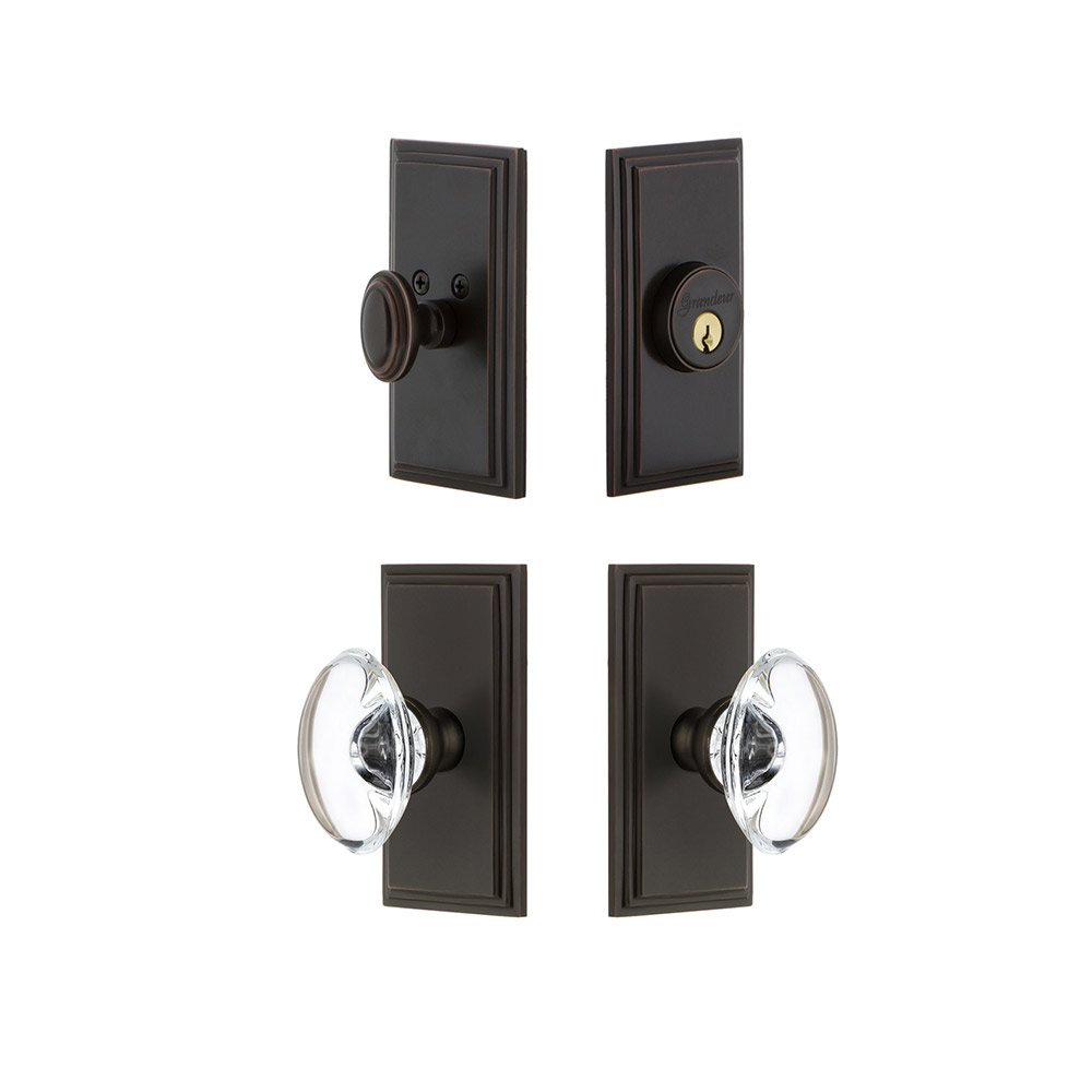 Grandeur Handleset - Carre Plate With Provence Crystal Knob & Matching Deadbolt In Timeless Bronze