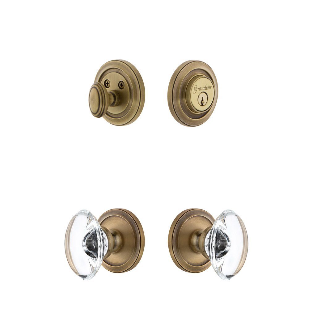 Grandeur Handleset - Circulaire Rosette With Provence Crystal Knob & Matching Deadbolt In Vintage Brass