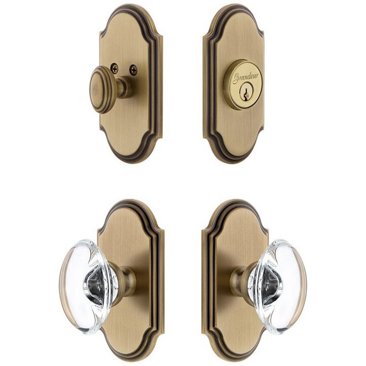 Grandeur Handleset - Arc Plate With Provence Crystal Knob & Matching Deadbolt In Vintage Brass