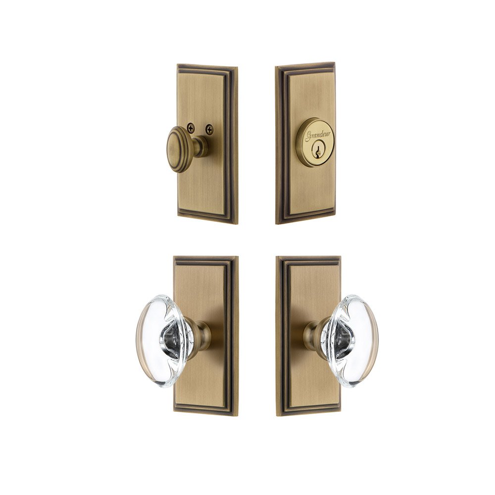 Grandeur Handleset - Carre Plate With Provence Crystal Knob & Matching Deadbolt In Vintage Brass