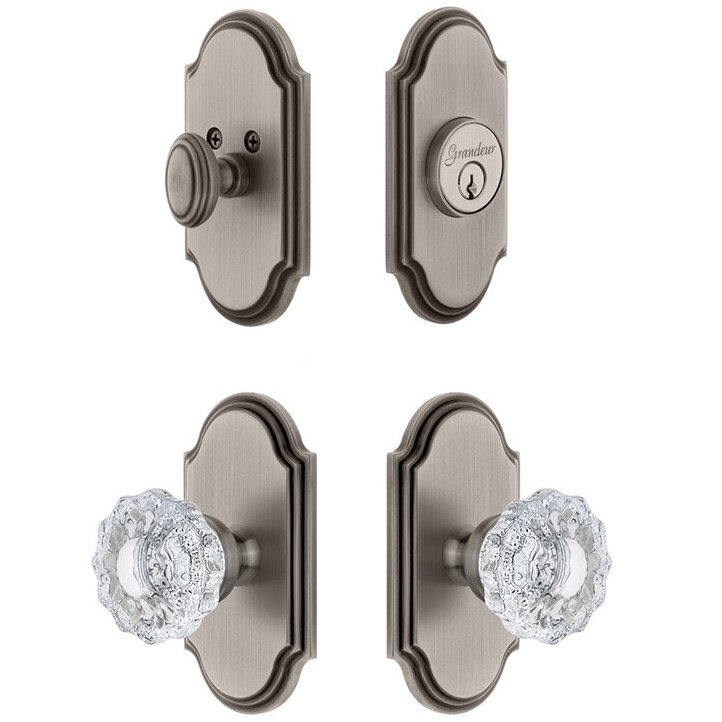 Grandeur Handleset - Arc Plate With Versailles Crystal Knob & Matching Deadbolt In Antique Pewter