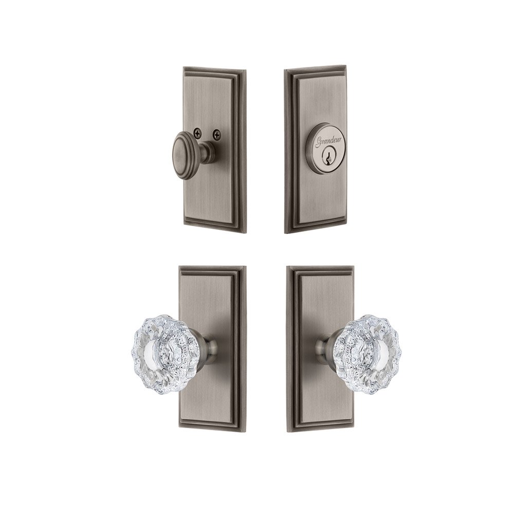 Grandeur Handleset - Carre Plate With Versailles Crystal Knob & Matching Deadbolt In Antique Pewter