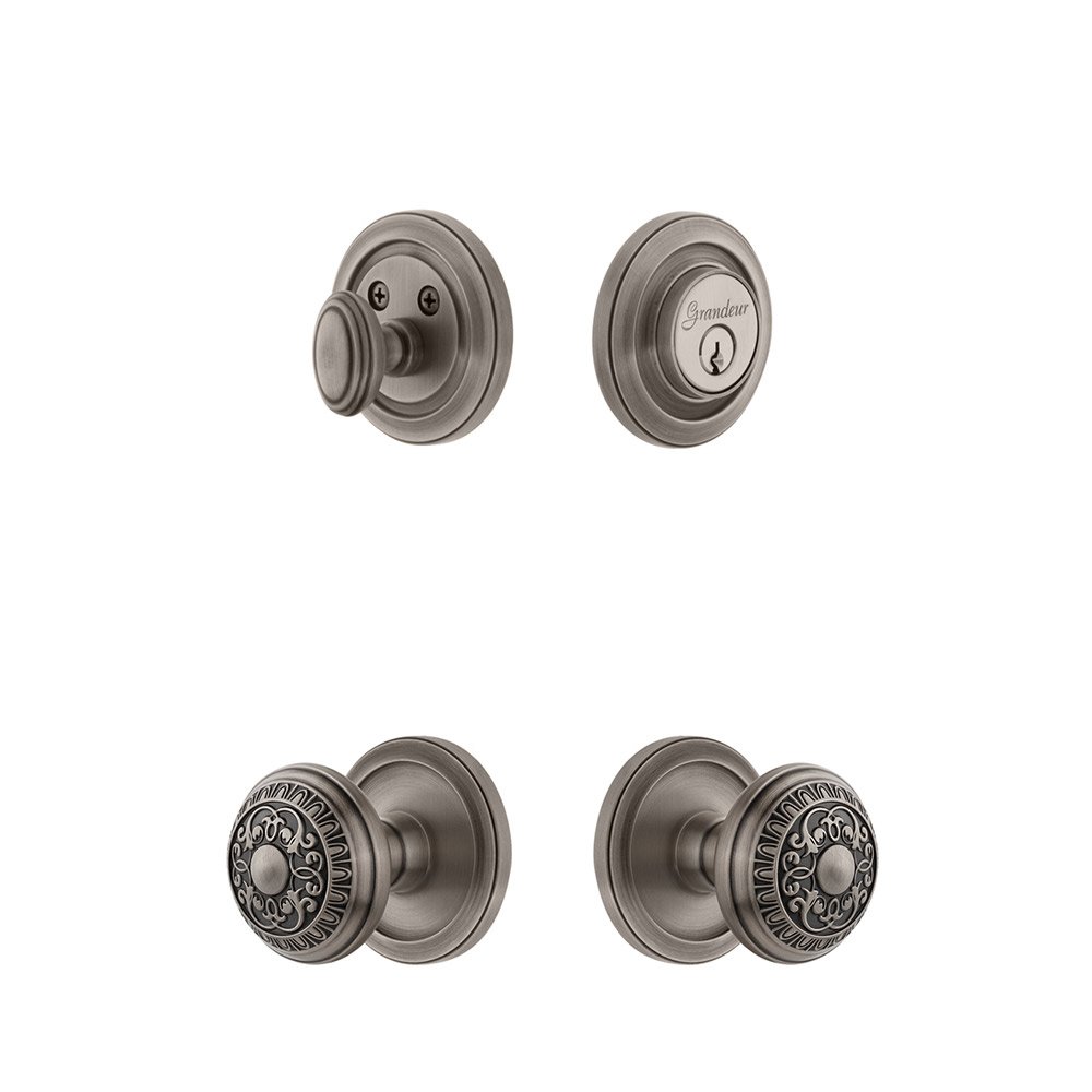 Grandeur Handleset - Circulaire Rosette With Windsor Knob & Matching Deadbolt In Antique Pewter