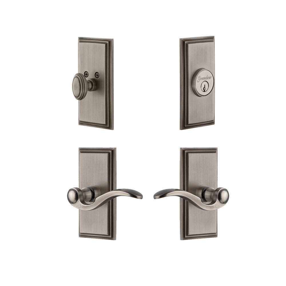 Grandeur Handleset - Carre Plate With Bellagio Lever & Matching Deadbolt In Antique Pewter