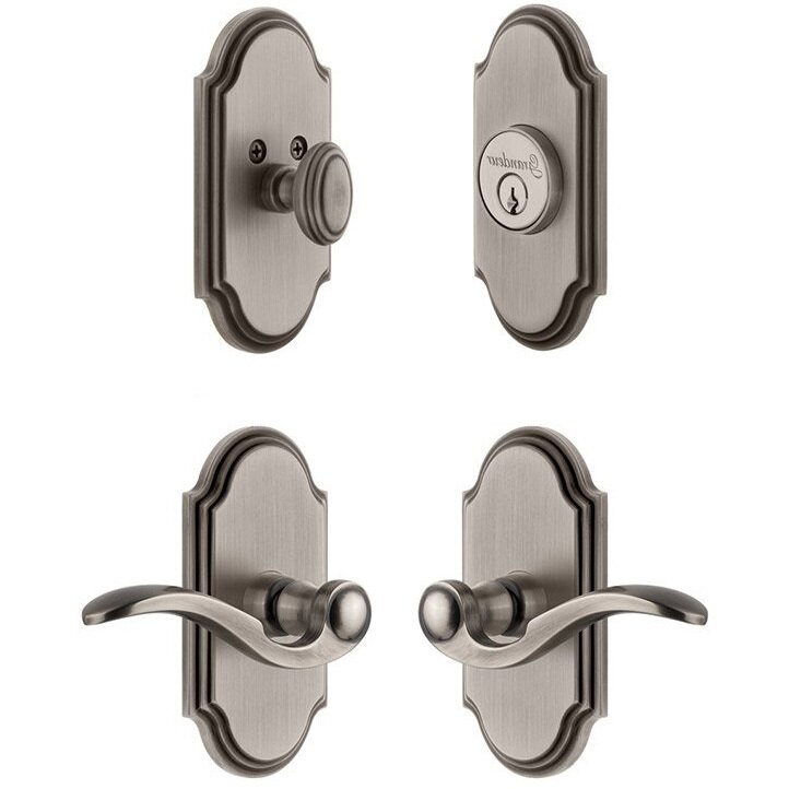 Grandeur Handleset - Arc Plate With Bellagio Lever & Matching Deadbolt In Antique Pewter