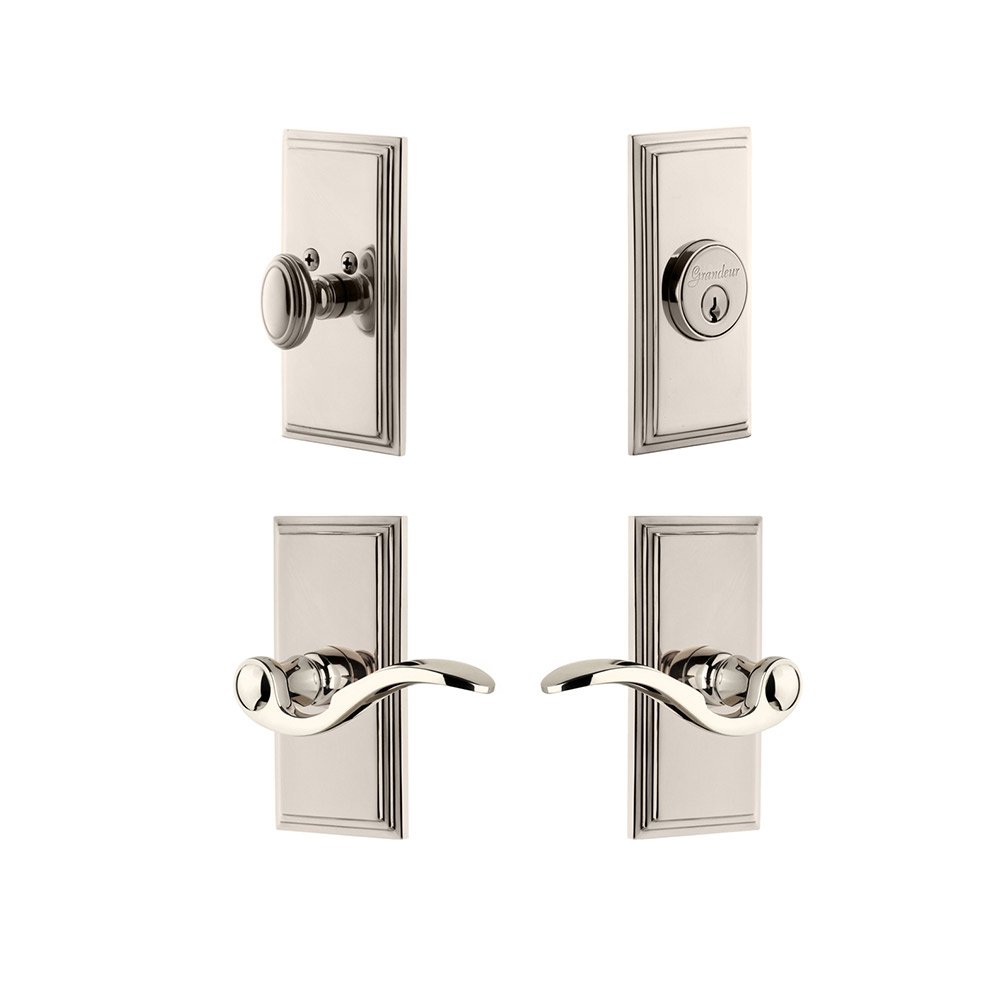 Grandeur Handleset - Carre Plate With Bellagio Lever & Matching Deadbolt In Polished Nickel