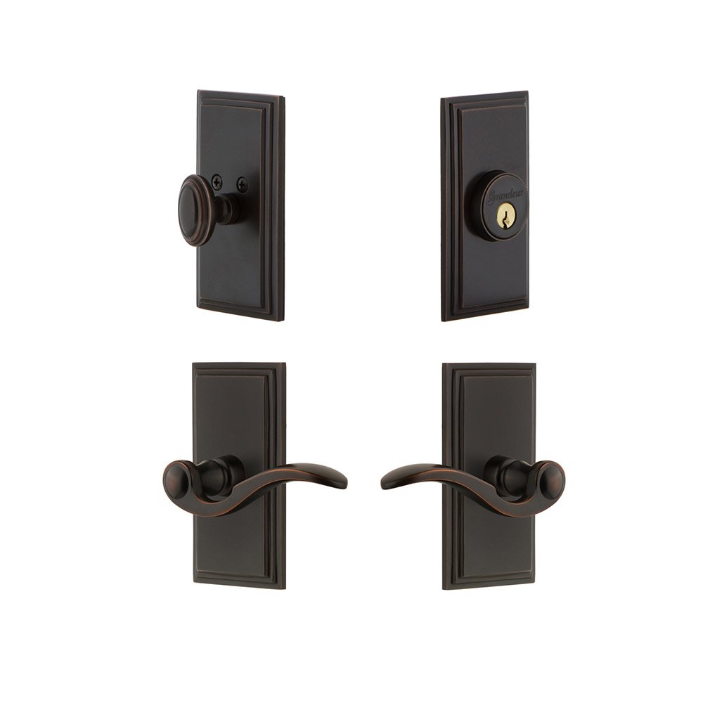 Grandeur Handleset - Carre Plate With Bellagio Lever & Matching Deadbolt In Timeless Bronze