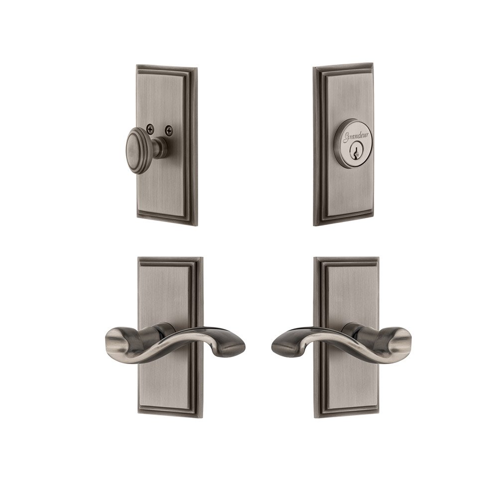 Grandeur Handleset - Carre Plate With Portfino Lever & Matching Deadbolt In Antique Pewter