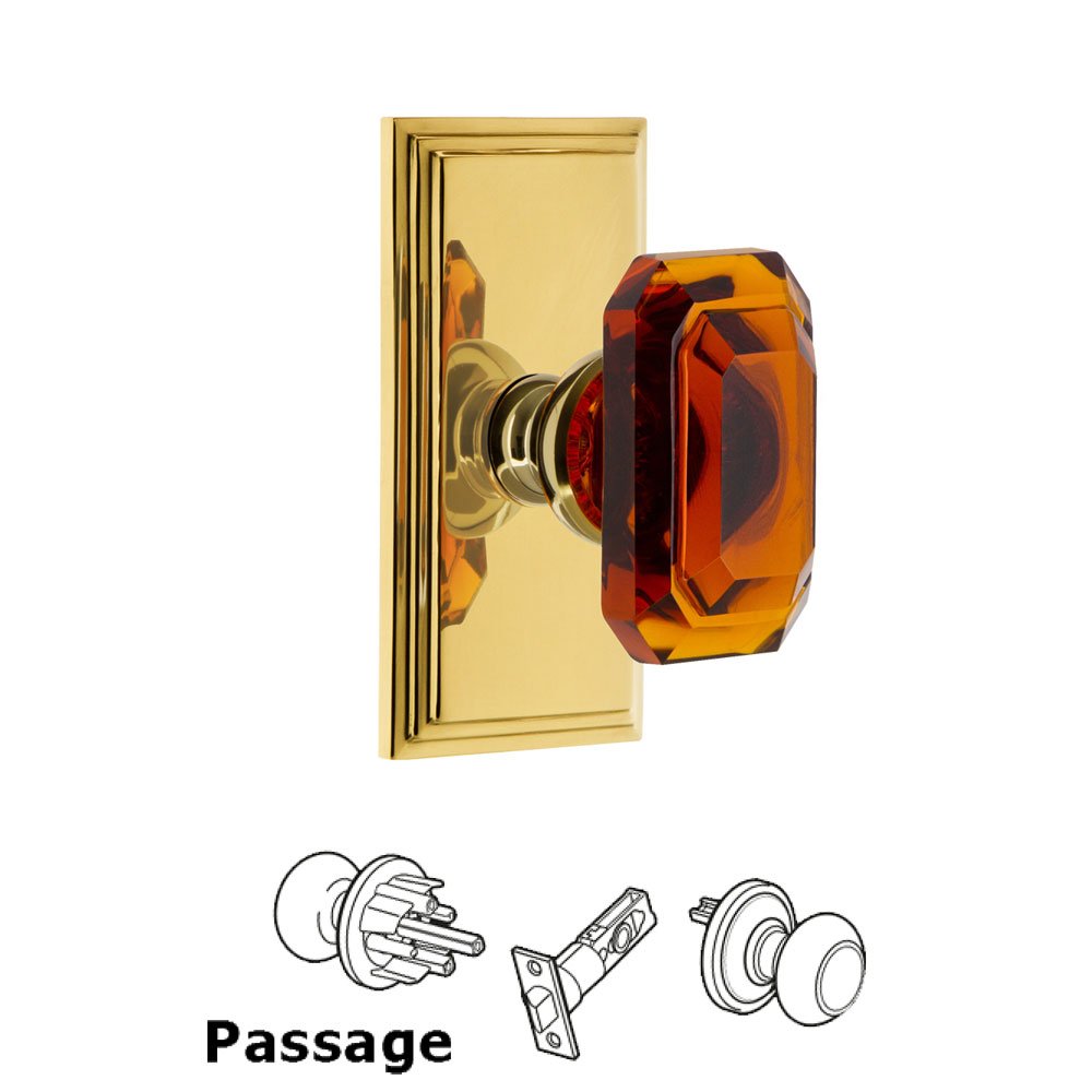 Grandeur Carre - Passage Knob with Baguette Amber Crystal Knob in Polished Brass