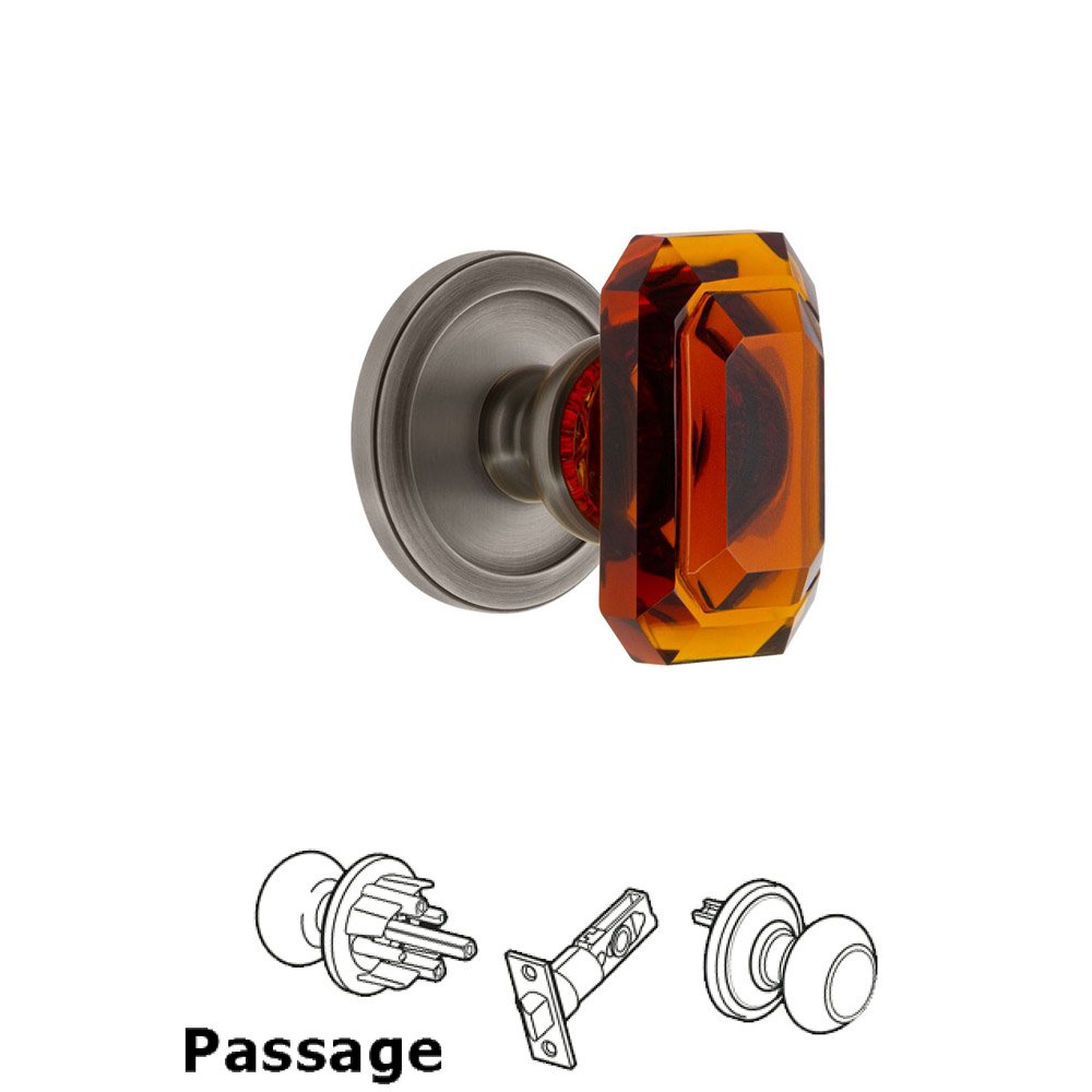 Grandeur Circulaire - Passage Knob with Baguette Amber Crystal Knob in Antique Pewter
